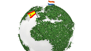 Imagen de un globo terráqueo con las banderas de España y Holanda.